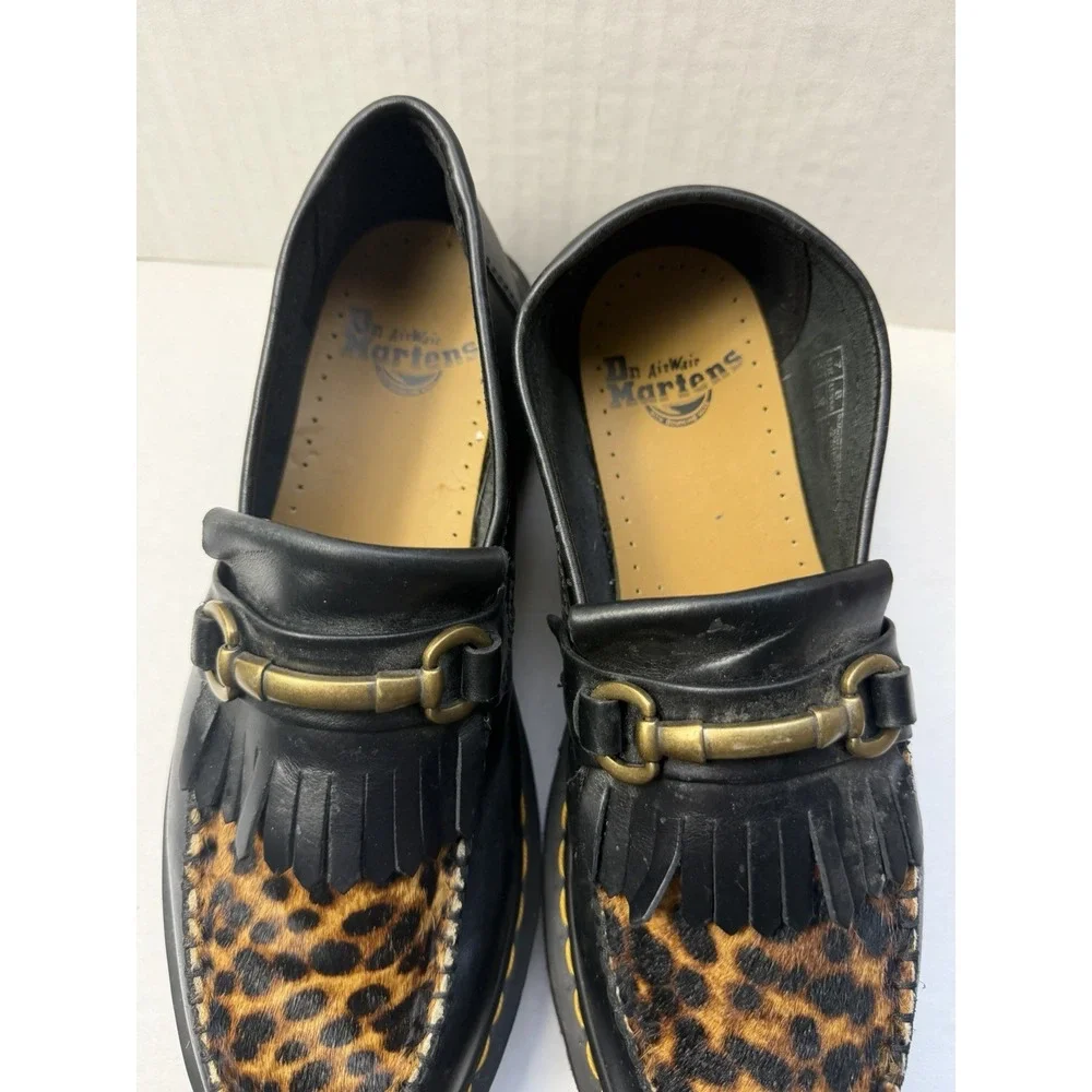 Dr. Doc Martens black leopard print hair loafers with gold buckle, men's 8 shoes